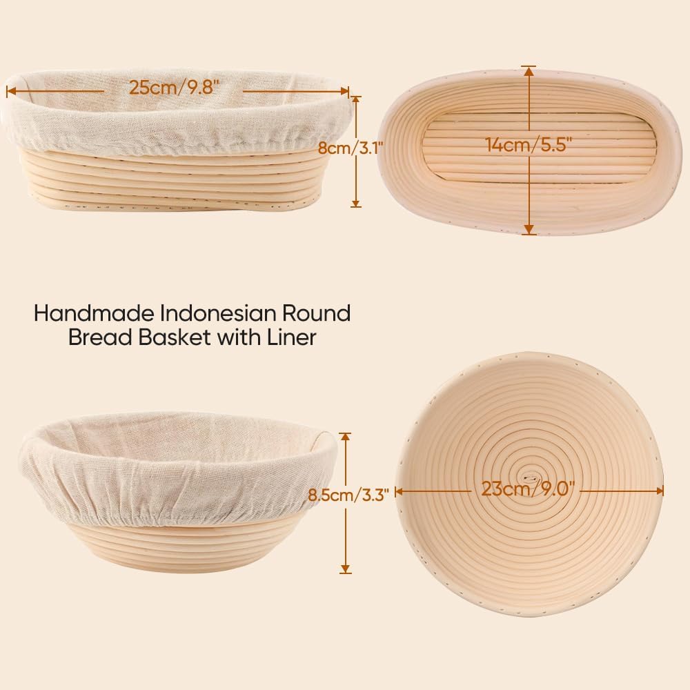 Set of 2 Round & Oval Rattan Banneton Bread Proofing Baskets P38901