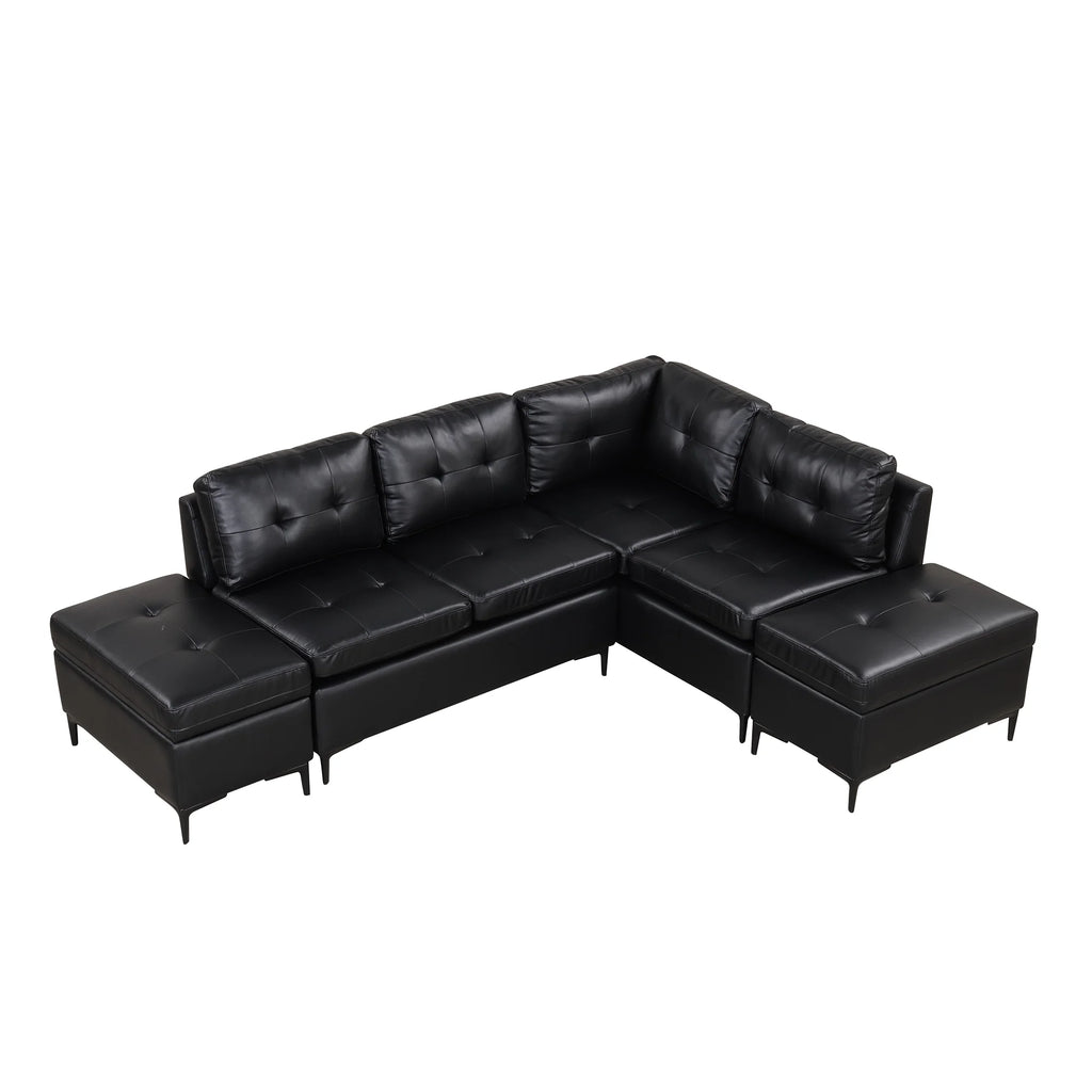 Black PU Leather L-Shaped Corner Sectional Sofa with Movable Storage Ottomans R3152