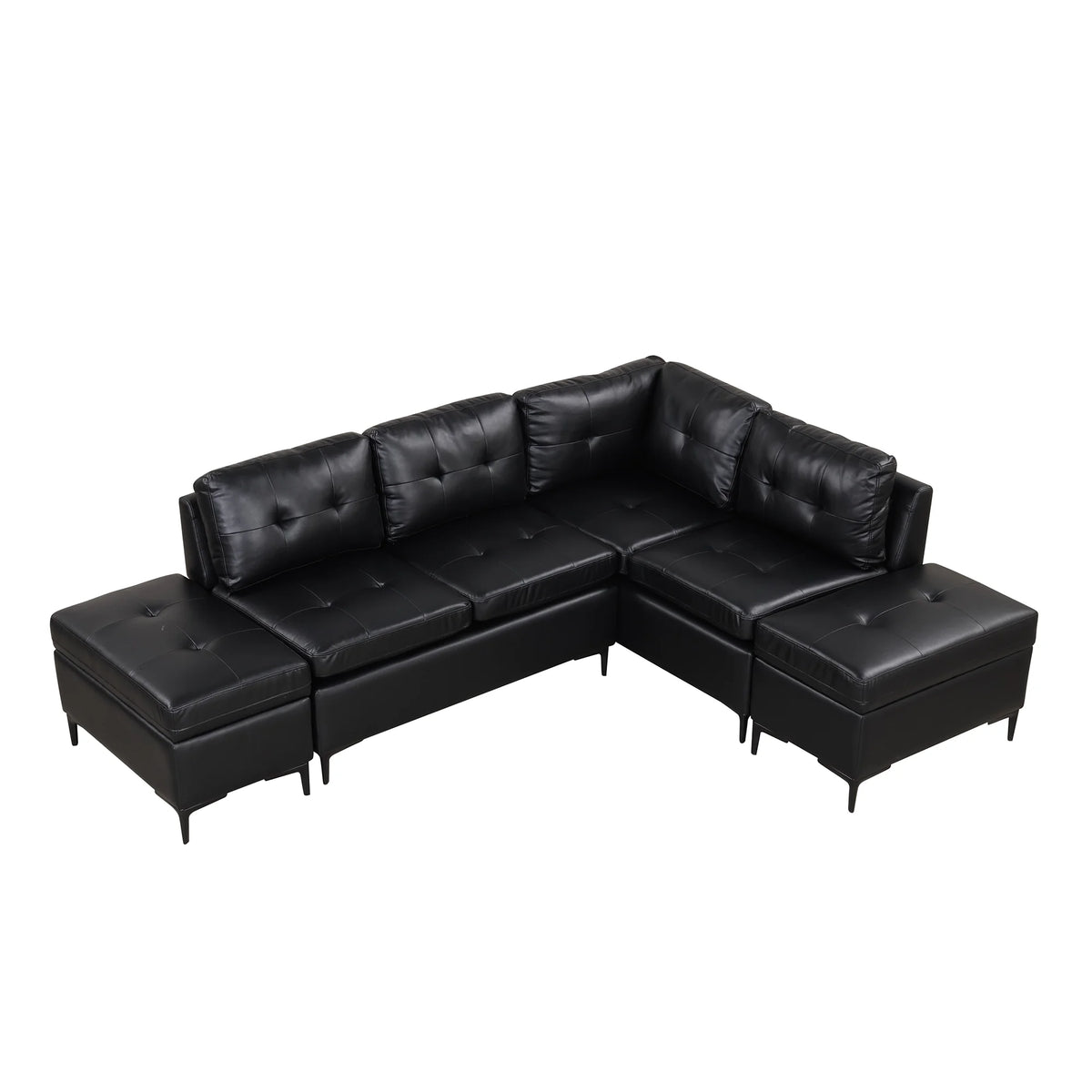 Black PU Leather L-Shaped Corner Sectional Sofa with Movable Storage Ottomans R3152