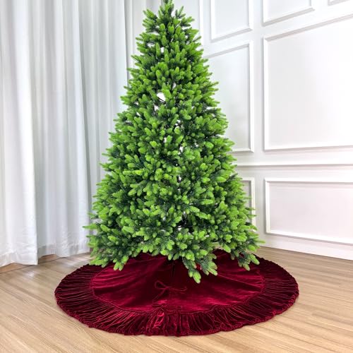 60-Inch Ruffled Velvet Christmas Tree Skirt with Lace-Up Tie Closure, Burgundy J884