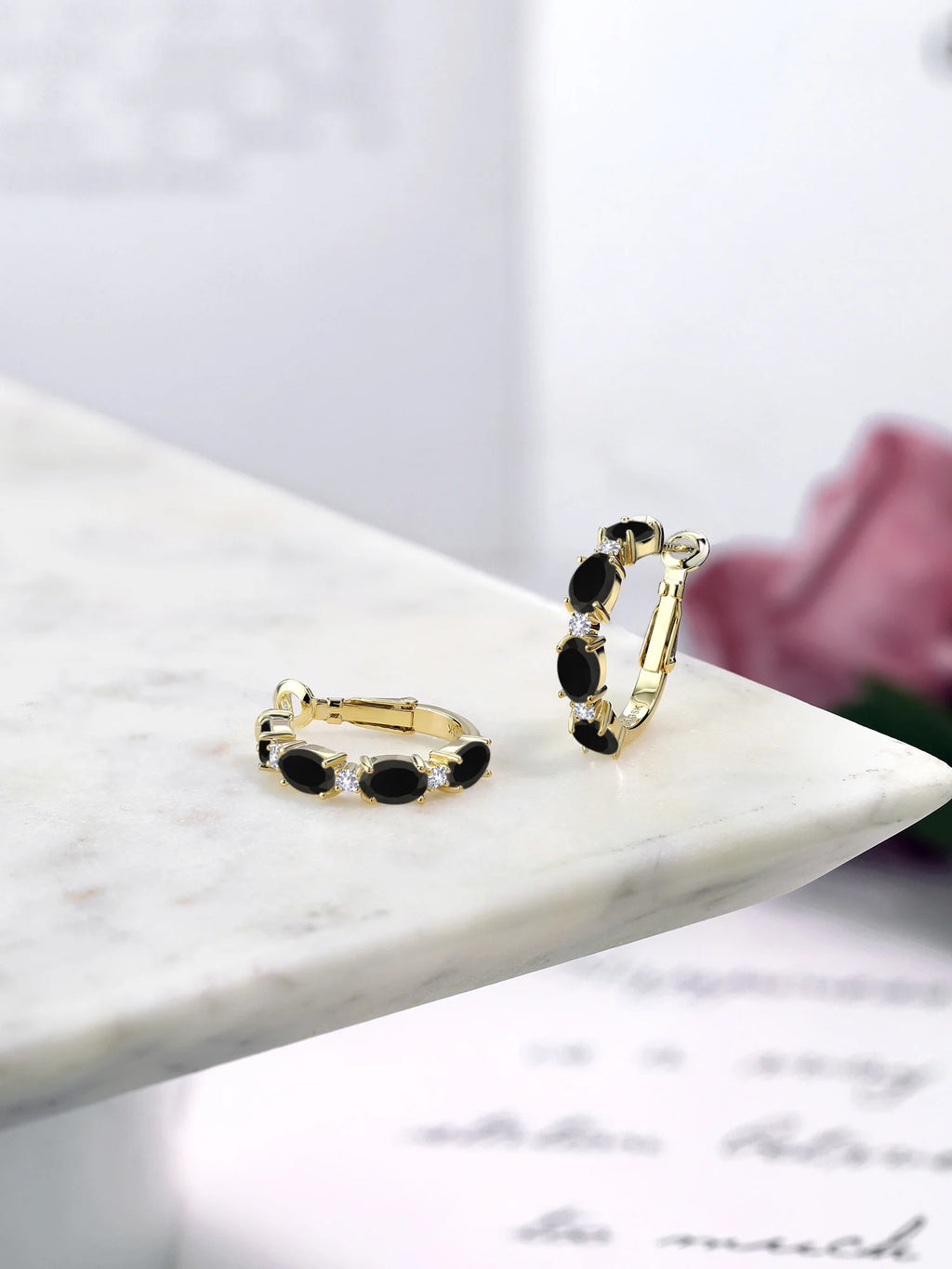 18K Yellow Gold Plated Silver Black Onyx and White Created Sapphire Hoop Earrings D732