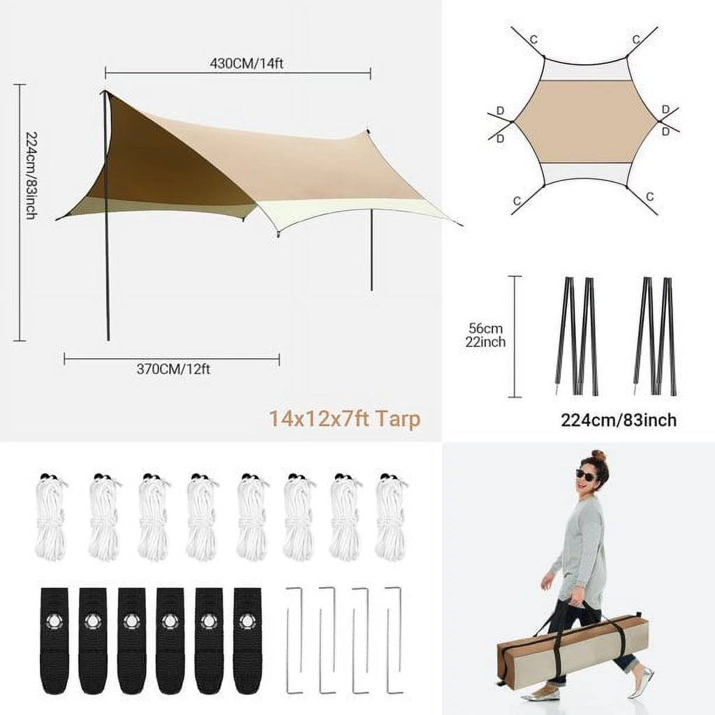 12 x 14ft Waterproof UPF 50+ Camping Tent Tarp with 2 Poles X470580