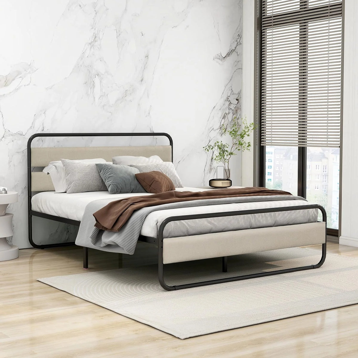 Queen Size Metal Platform Bed Frame with Upholstered Headboard C6625