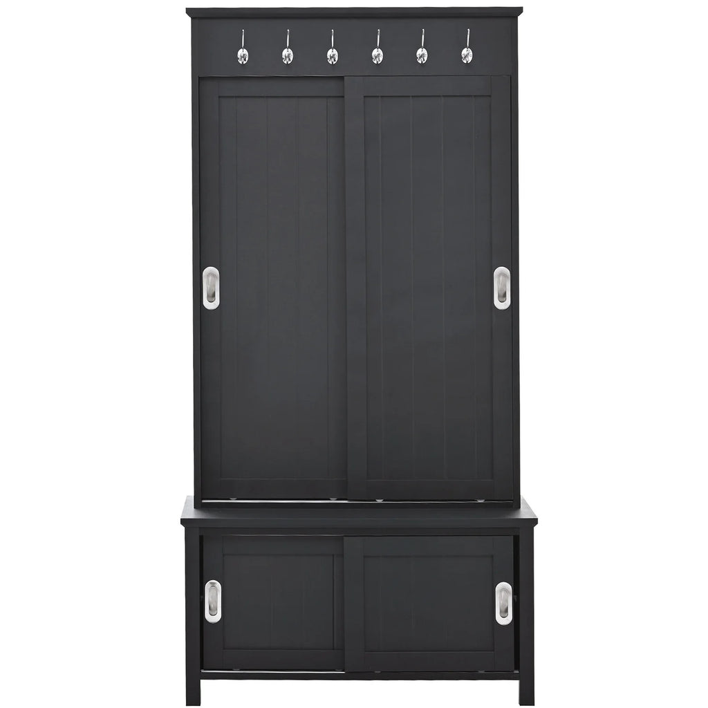 Black Wooden Hall Tree with Bench and Shoe Storage D348132