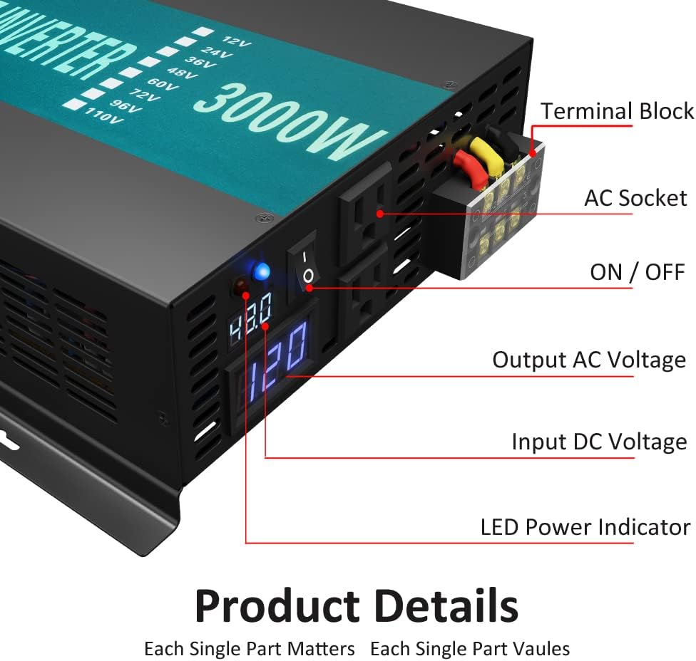3000W 48V 120V Pure Sine Wave Power Inverter with 2 AC Outlets M9955