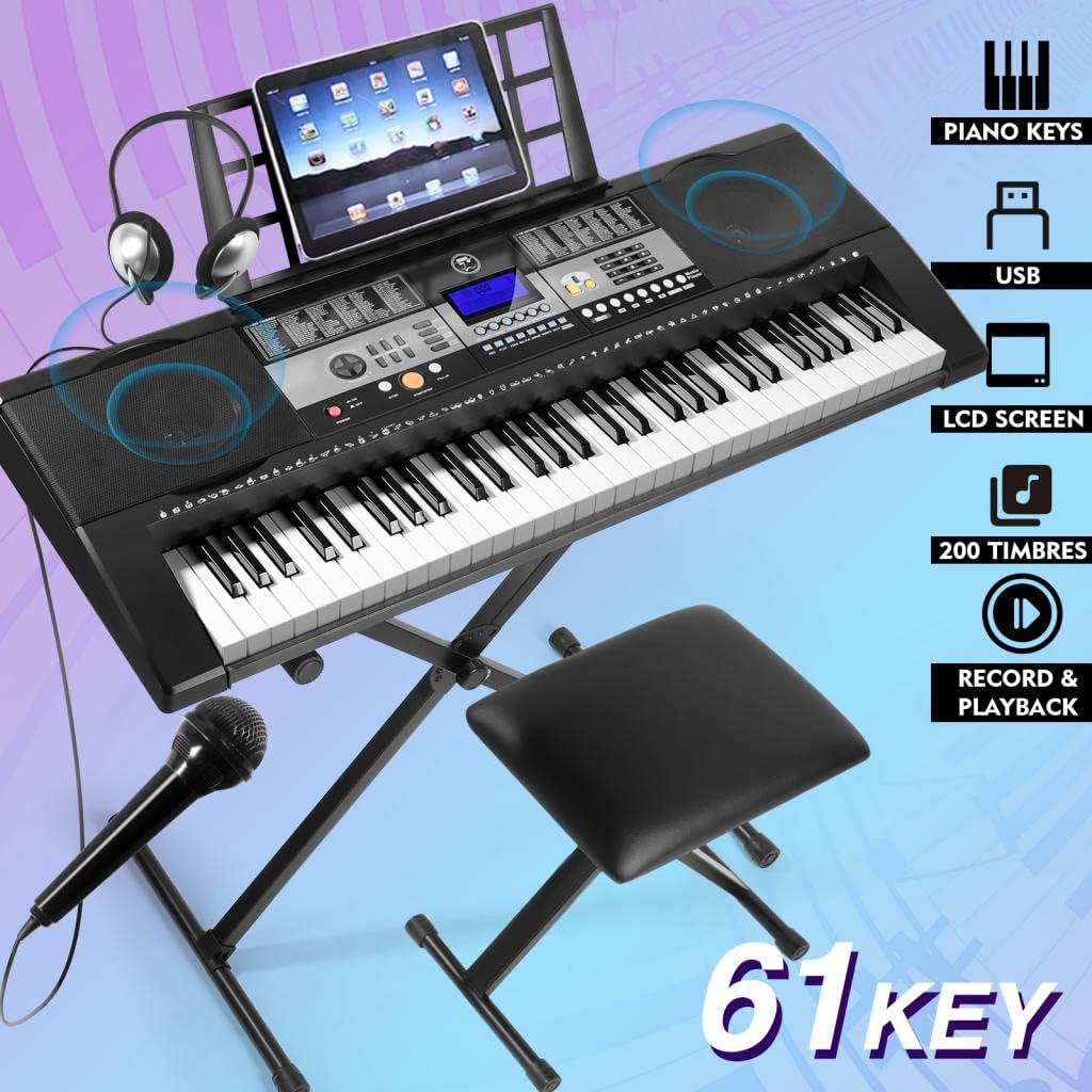 61 Key Portable Electric Keyboard Piano with Stand, Stool, Headphones, Microphone, LCD Screen D6026