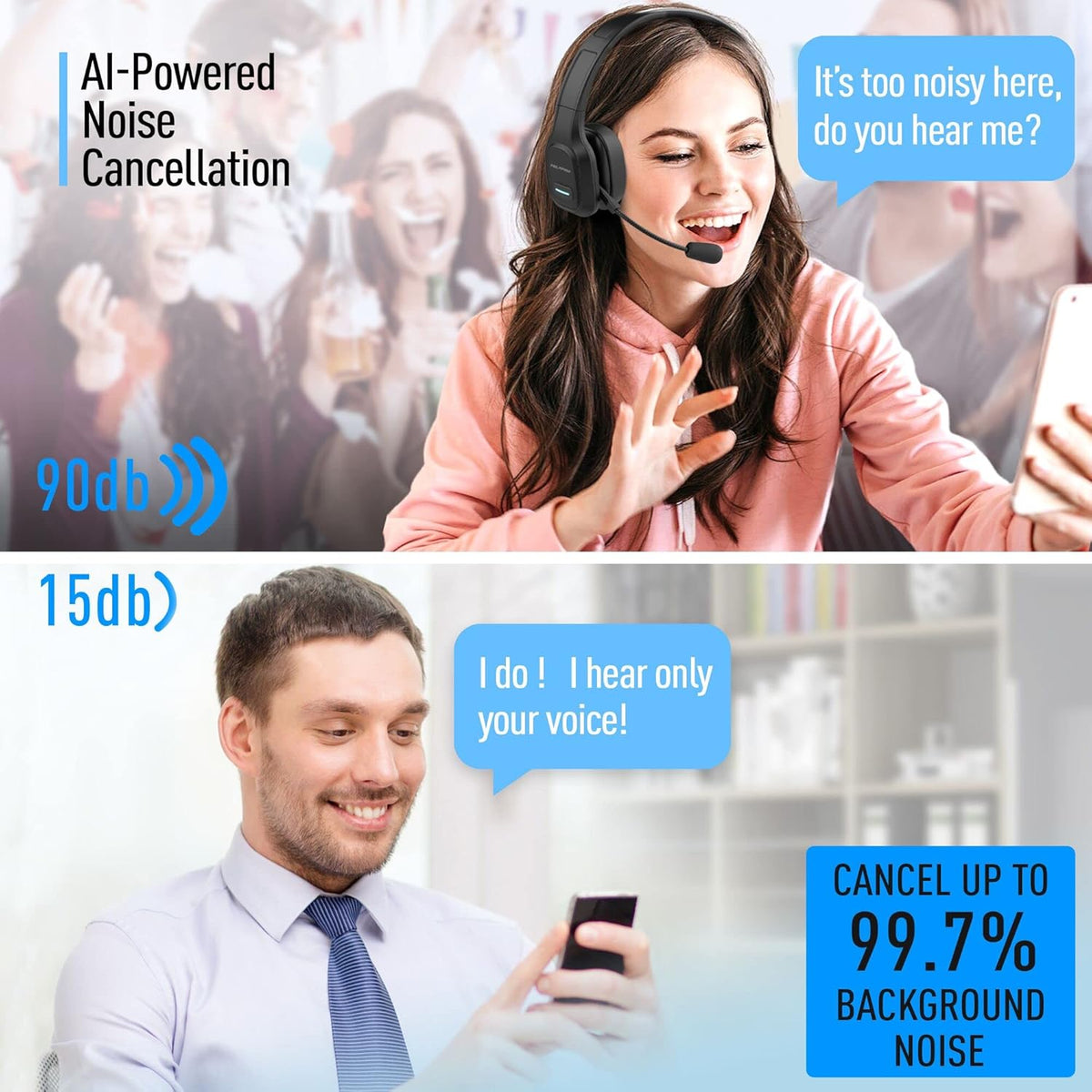 Wireless Headset with Microphone - Noise Canceling Headphones with Mic - On-Ear Earphones with USB Dongle - 32H Talk Time M7359