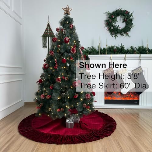 60-Inch Ruffled Velvet Christmas Tree Skirt with Lace-Up Tie Closure, Burgundy J884