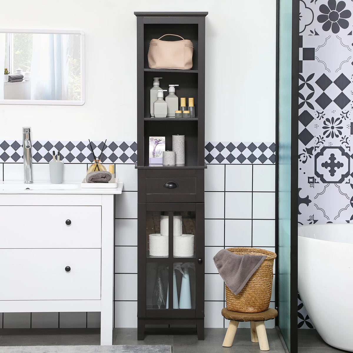Slim Bathroom Storage Cabinet Linen Tower Brown B234