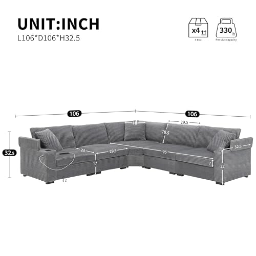 Beige Corduroy Sectional Corner Sofa with Cup Holders I677