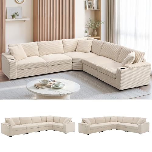 Beige Corduroy Sectional Corner Sofa with Cup Holders I677