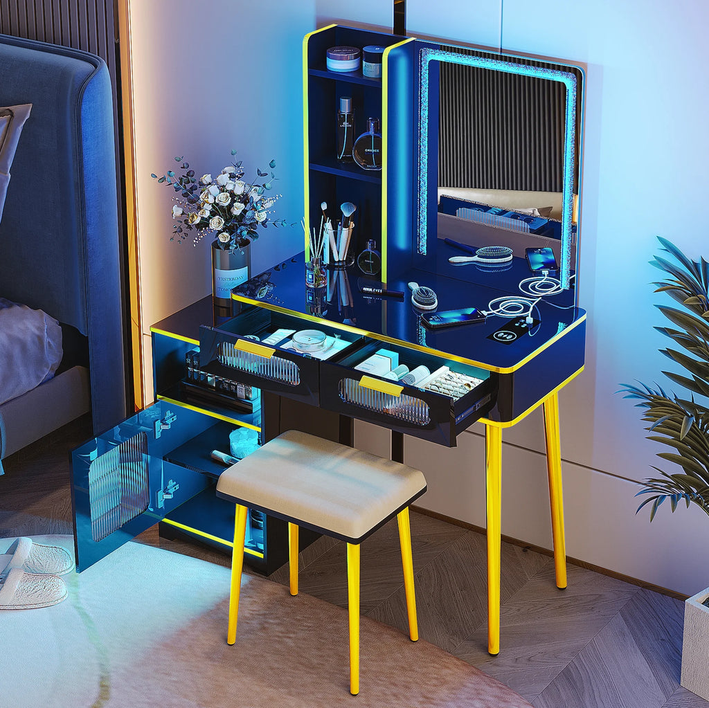 Black Vanity Desk with Mirror and Lights, 2 Drawers, Vanity Stool D10092