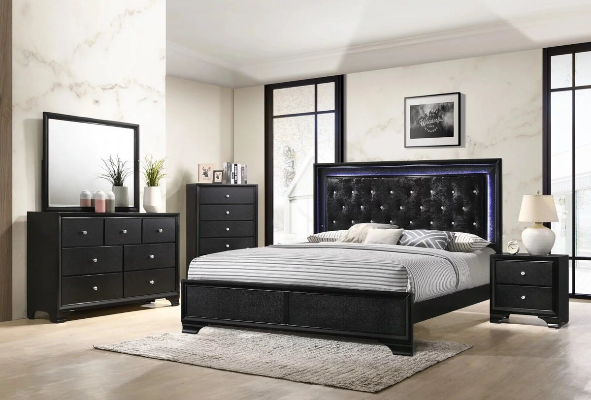 King Size Upholstery LED Bed Dresser Mirror Nightstand Set J74270