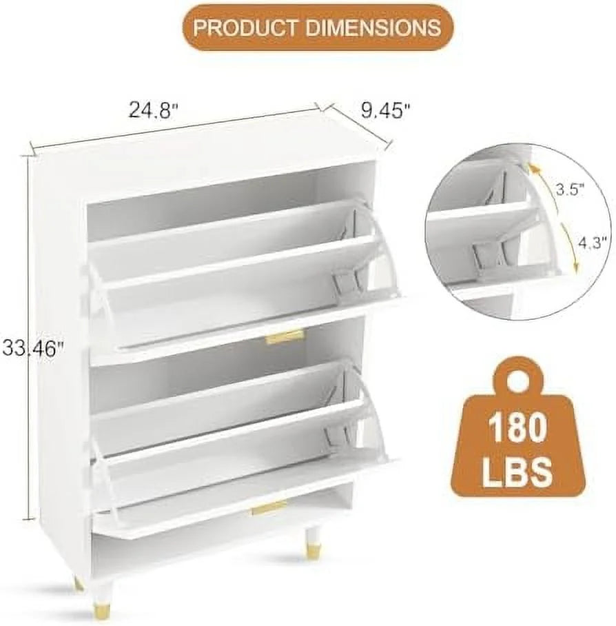 White 2 Flip Drawers Slim Shoe Cabinet A95658