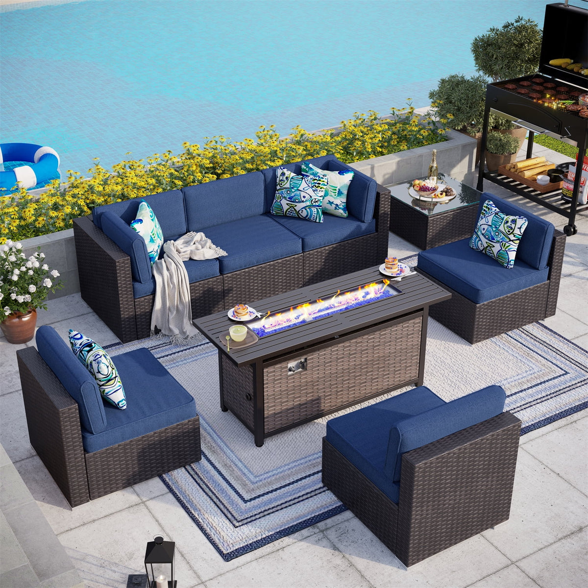 8 PCS Navy Blue Wicker Outdoor Patio Furniture Set with Fire Pit Table R695
