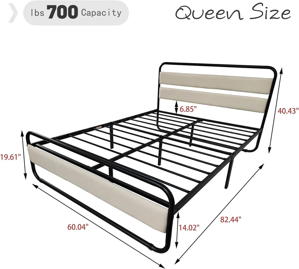 Queen Size Metal Platform Bed Frame with Upholstered Headboard C6625