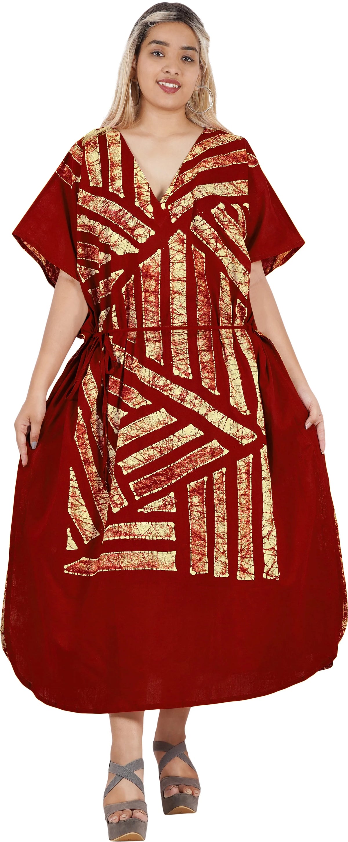 Maroon Stripes Maxi Kaftan Dress E253762