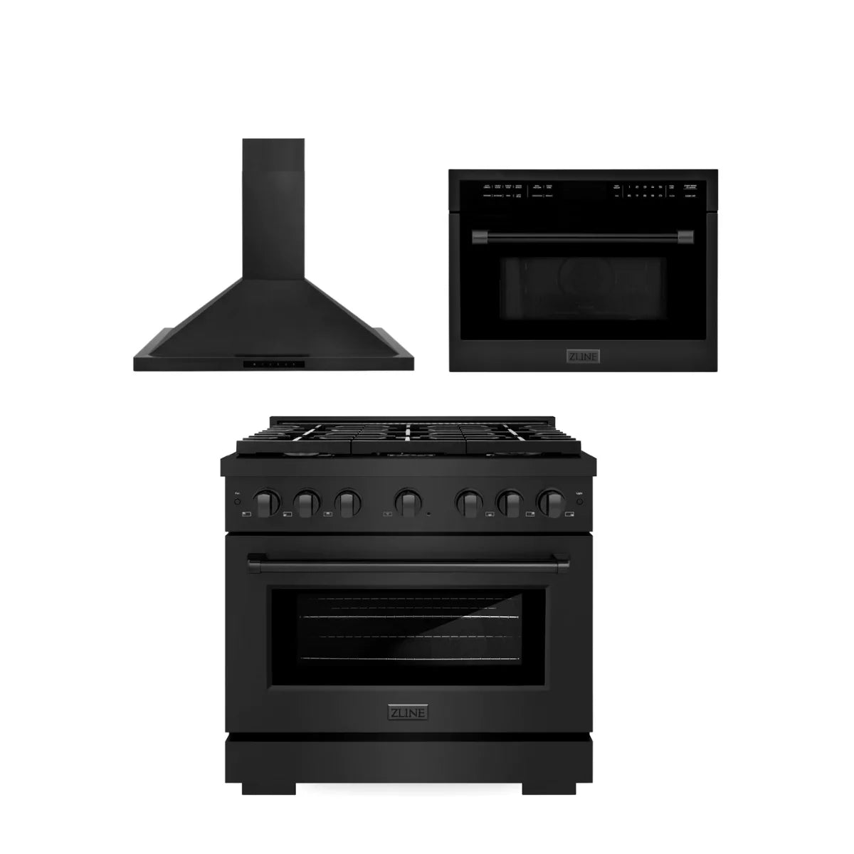 36 in. Gas Range, Range Hood, Microwave Oven Black Stainless Steel K848