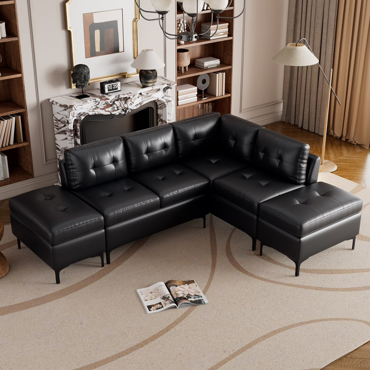 Black PU Leather L-Shaped Corner Sectional Sofa with Movable Storage Ottomans R3152