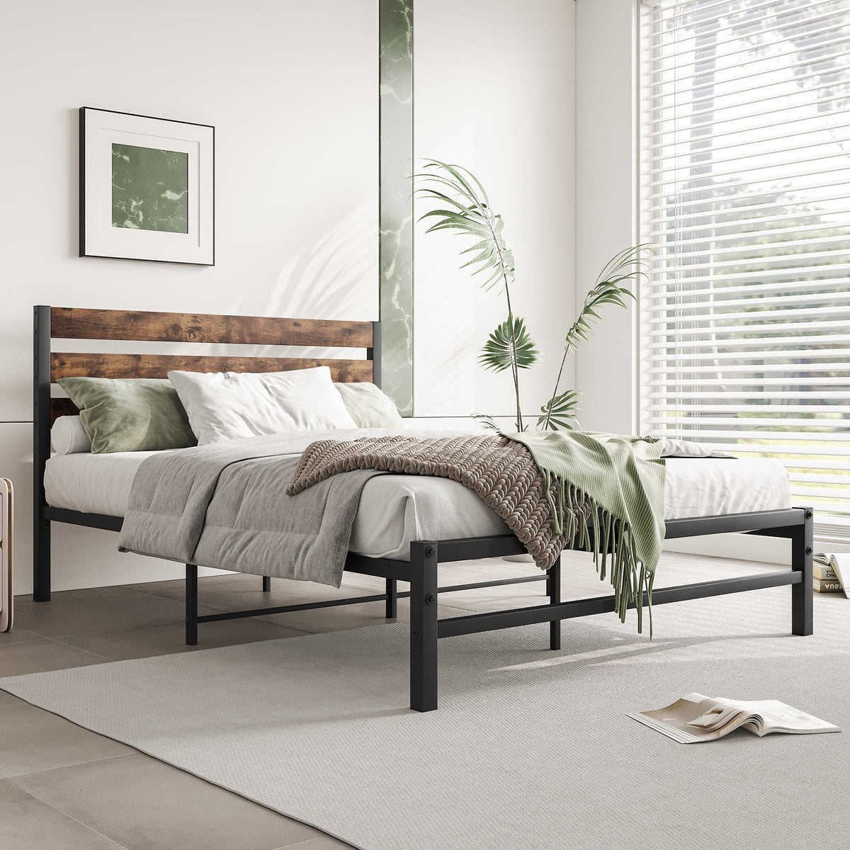 Full Size Platform Bed Frame with Wood Headboard and Metal Slats, Rustic Brown V880193