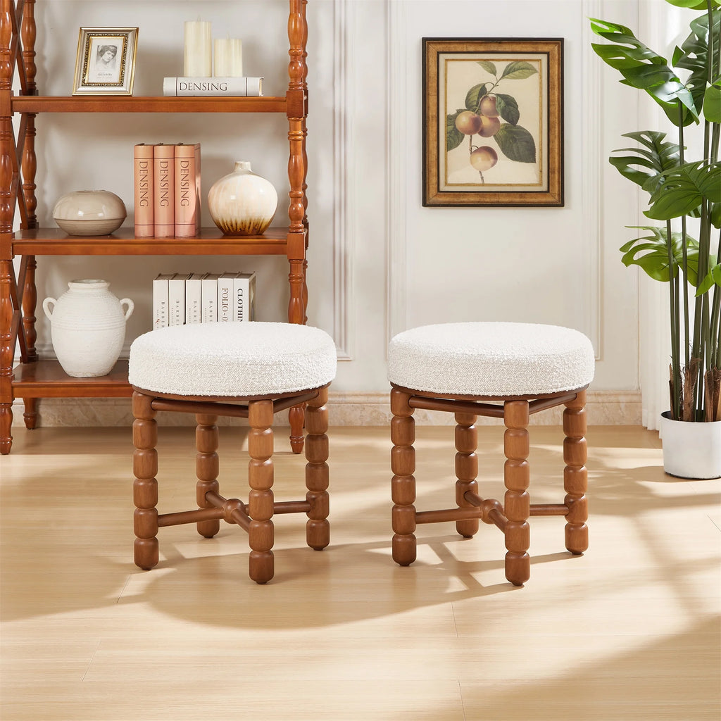 White Upholstered Boucle Vanity Stool with Wood Legs M808