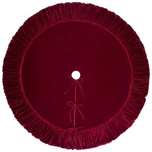 60-Inch Ruffled Velvet Christmas Tree Skirt with Lace-Up Tie Closure, Burgundy J884