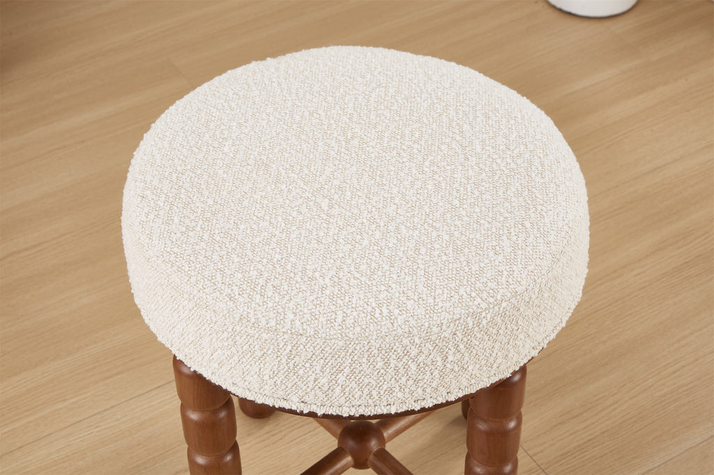 White Upholstered Boucle Vanity Stool with Wood Legs M808