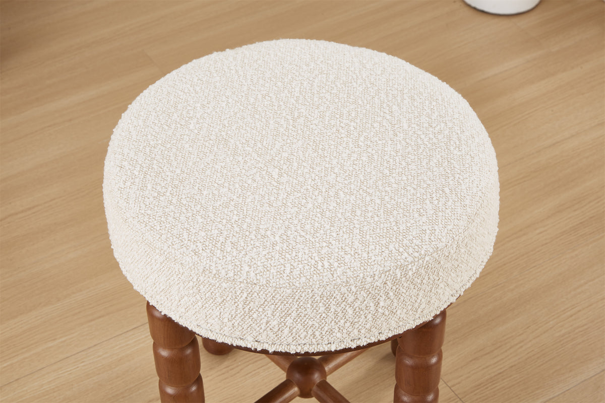 White Upholstered Boucle Vanity Stool with Wood Legs M808