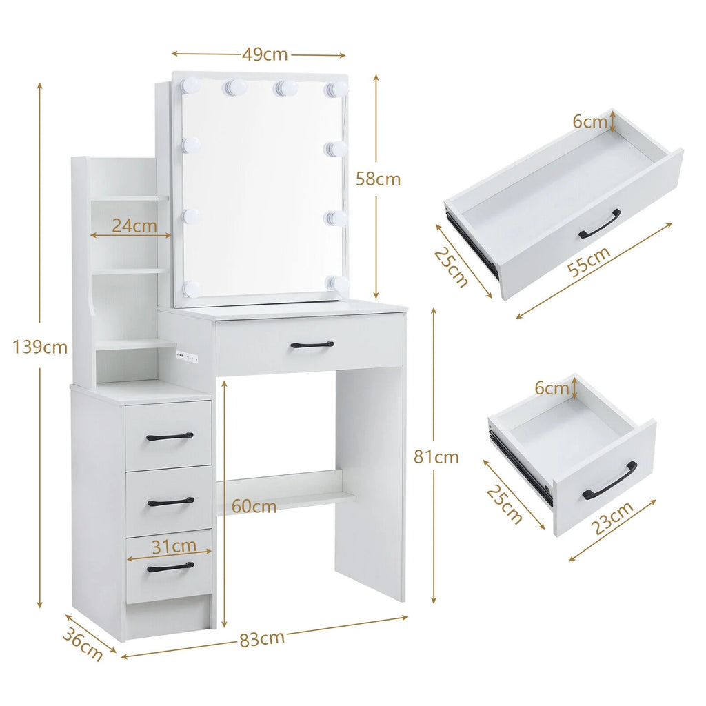 4 Drawer Makeup Vanity Desk with Stool Mirror and Light M755