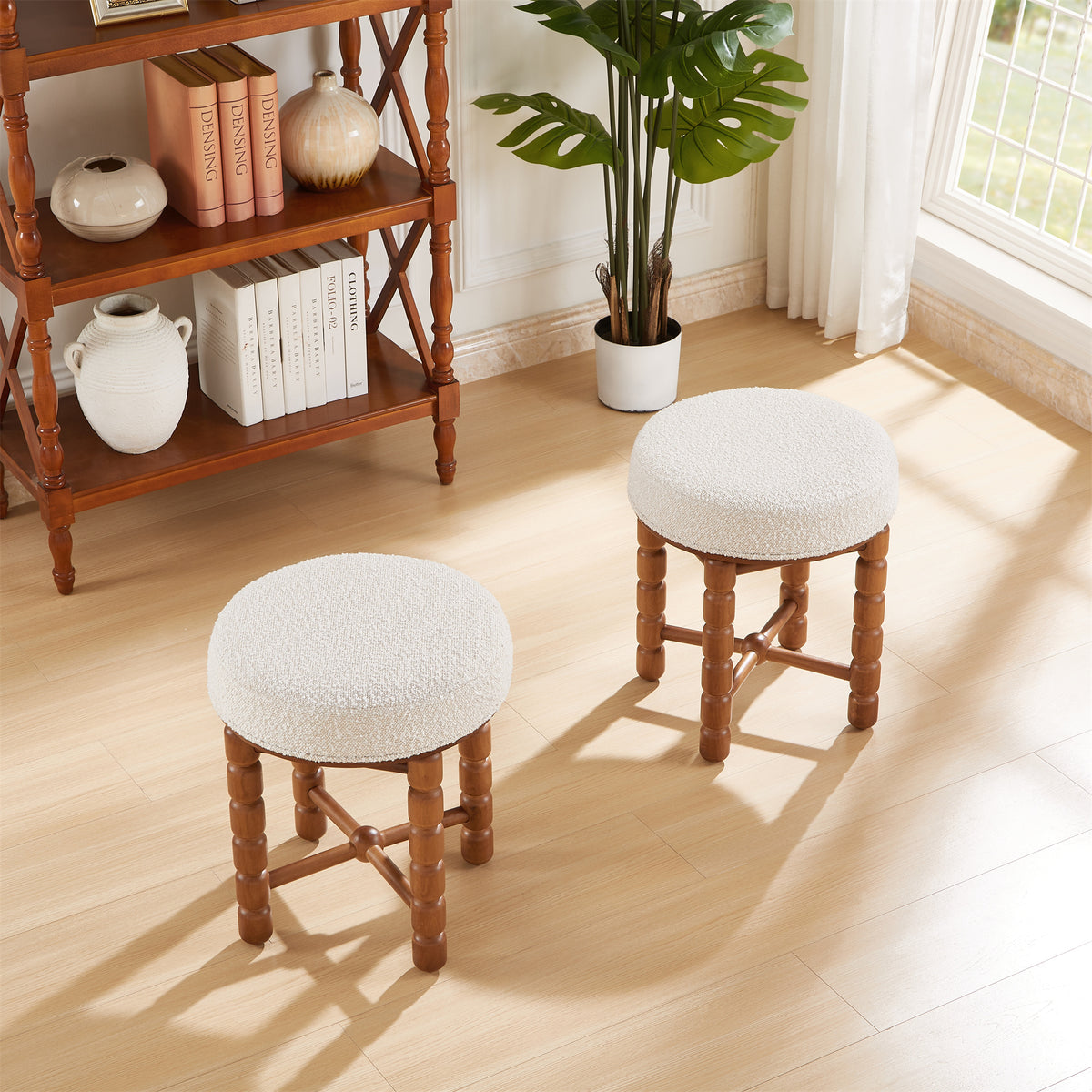 White Upholstered Boucle Vanity Stool with Wood Legs M808