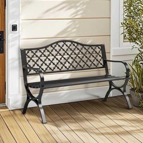 50" Black Cast Iron Outdoor Bench with Floral Backrest R685