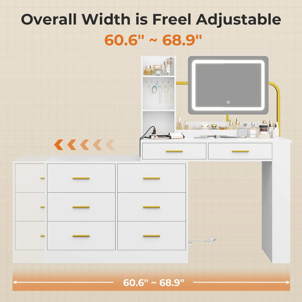 White Vanity Desk with Mirror and Lights and Charging Station A979