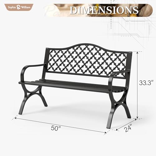 50" Black Cast Iron Outdoor Bench with Floral Backrest R685