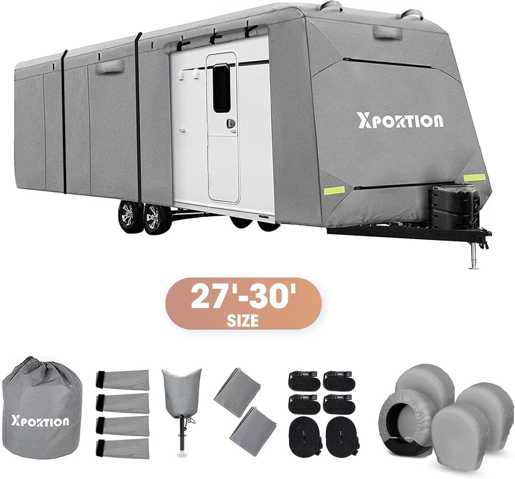 4-Layer Windproof Travel Trailer Cover Fits 27' - 30' with 2 Straps and 2 Patches A9517
