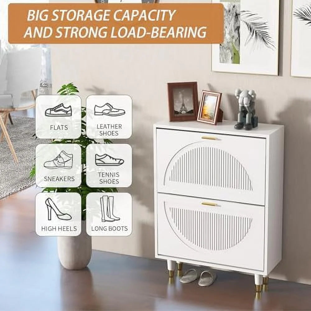 White 2 Flip Drawers Slim Shoe Cabinet A95658