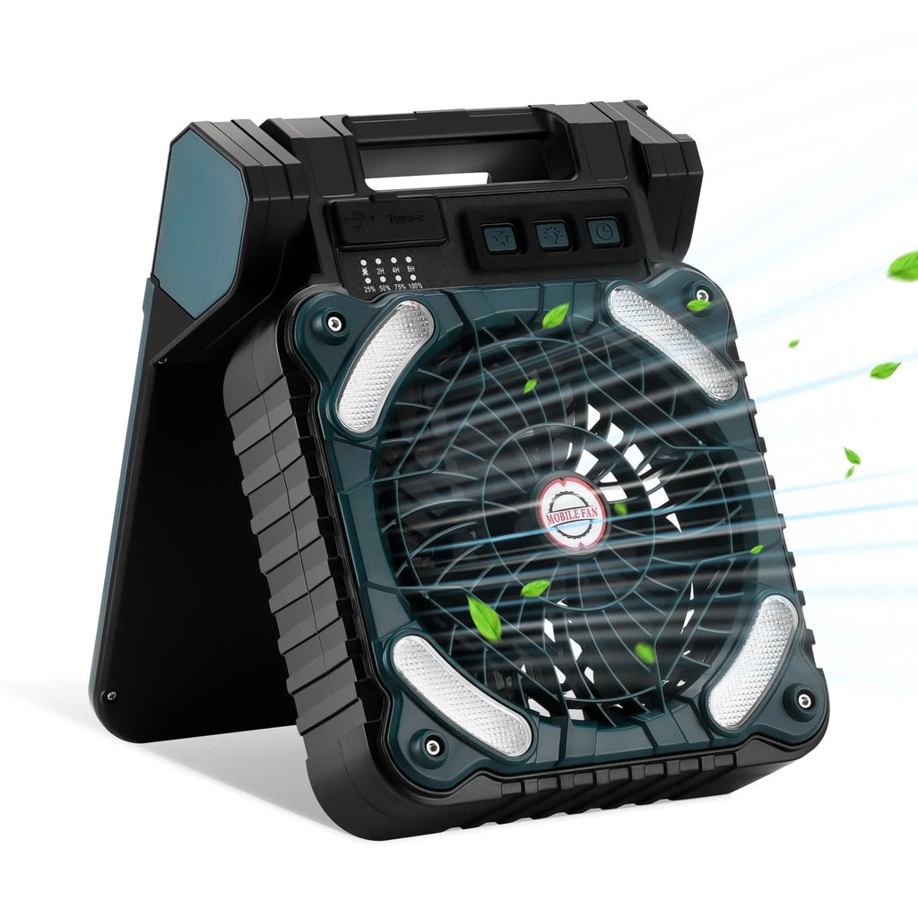 Solar Camping Fan with Solar Panel, LED Light, 4 Speeds, 10000mAh O7353