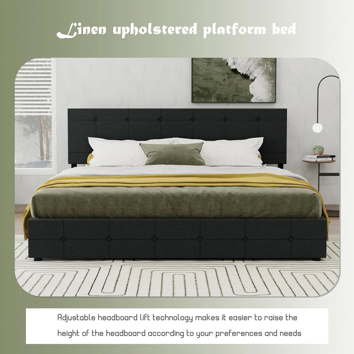 Linen Upholstered Queen Size Platform Bed Frame with 4 Storage Drawers Black N5960