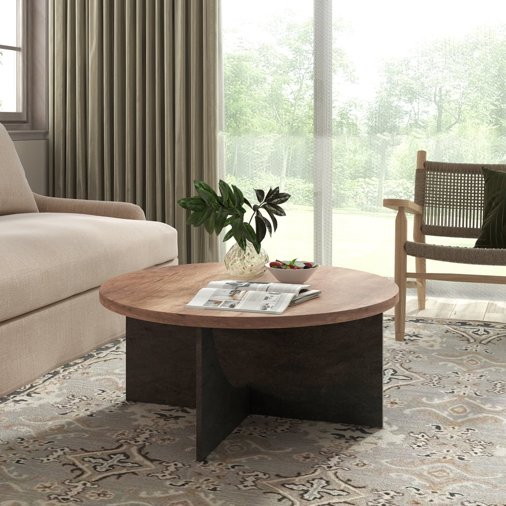 Modern Retro Round Coffee Table 35 Inches Rustic Brown B867571