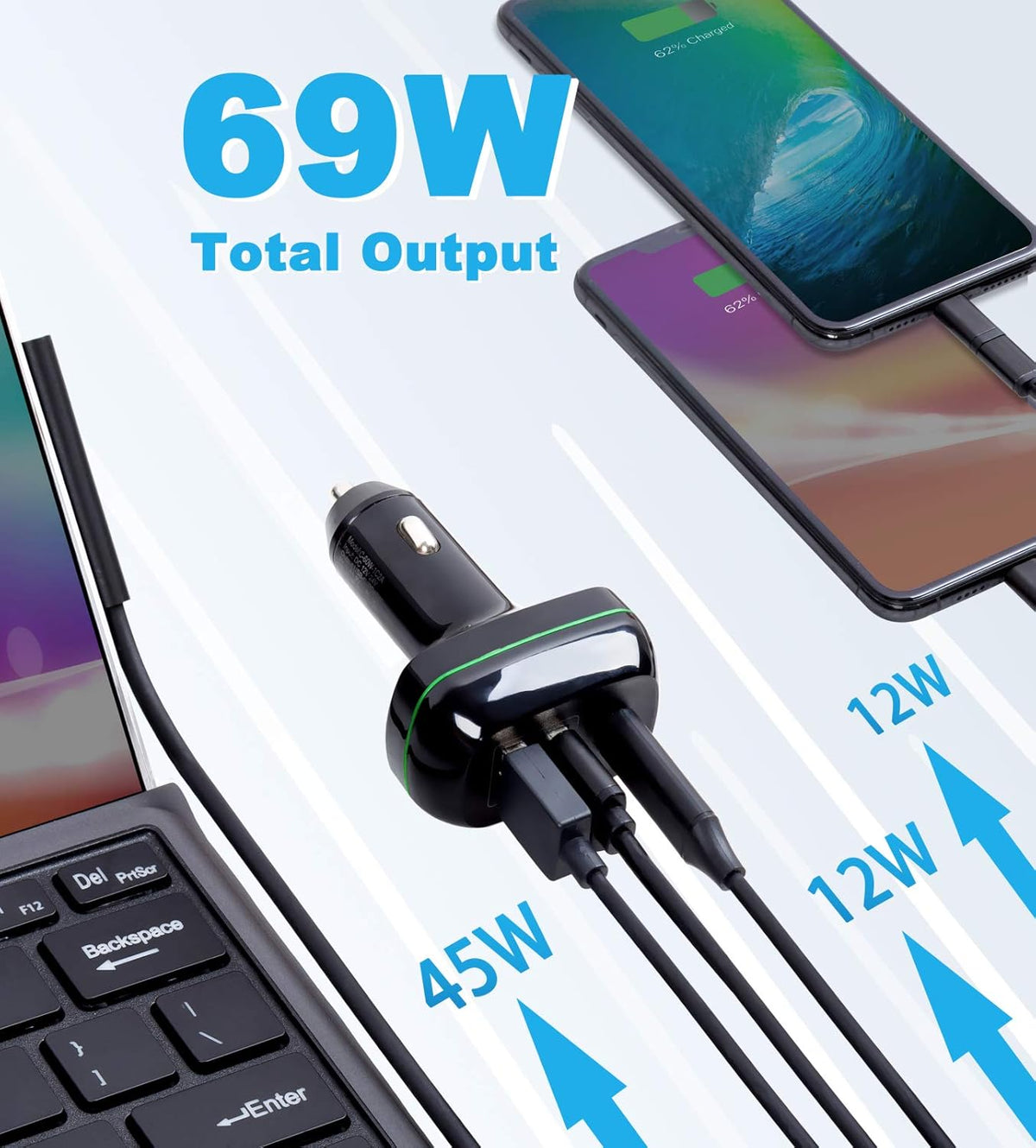 USB C Car Charger with Dual USB Port A6392