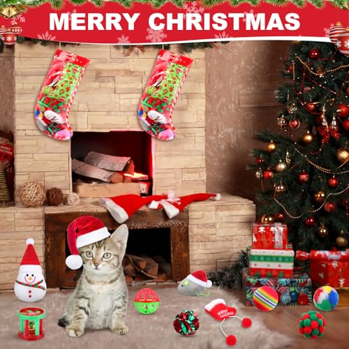 11 Pcs Christmas Catnip Cat Toy Gift Set with Santa Snowman Plush Balls Crinkle Mice L5906