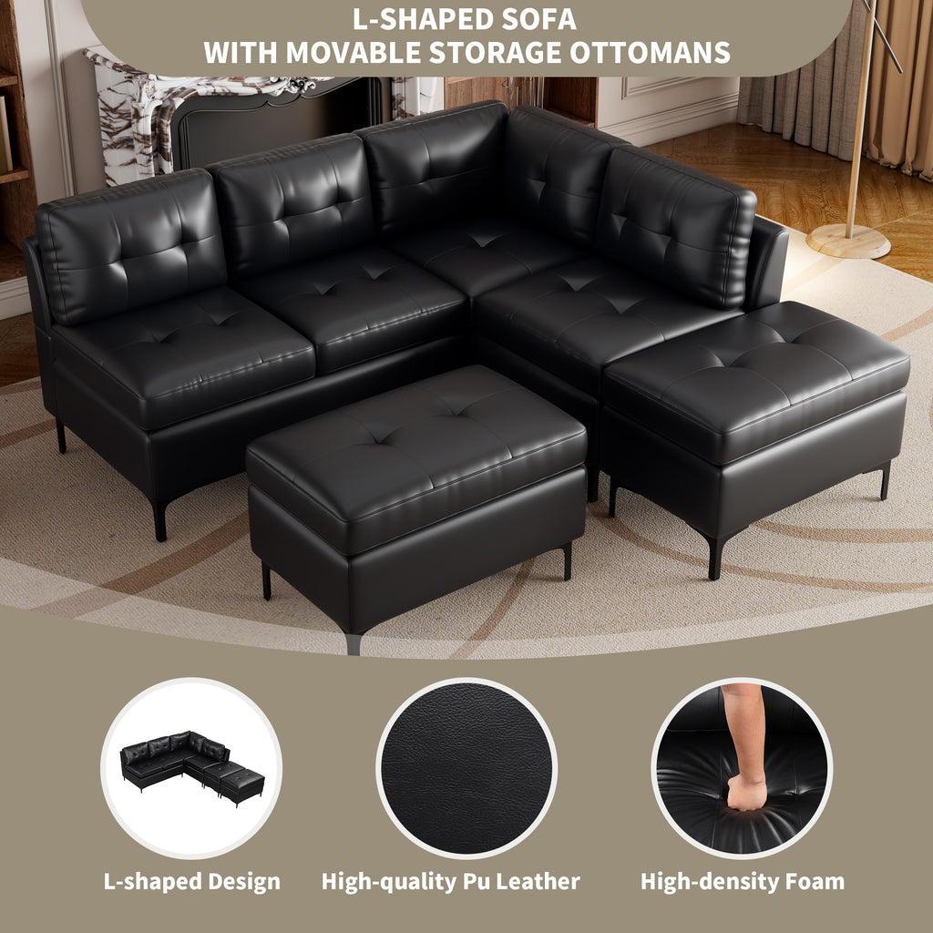 Black PU Leather L-Shaped Corner Sectional Sofa with Movable Storage Ottomans R3152