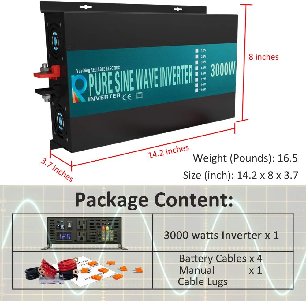 3000W 48V 120V Pure Sine Wave Power Inverter with 2 AC Outlets M9955