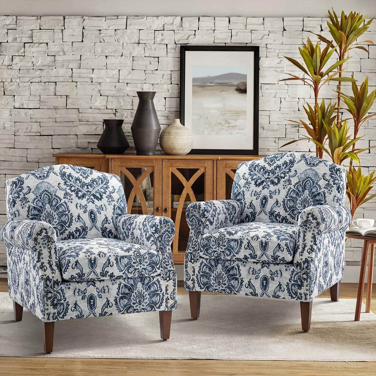 Navy Accent Chair with Wood Legs and Removable Cushion H4979