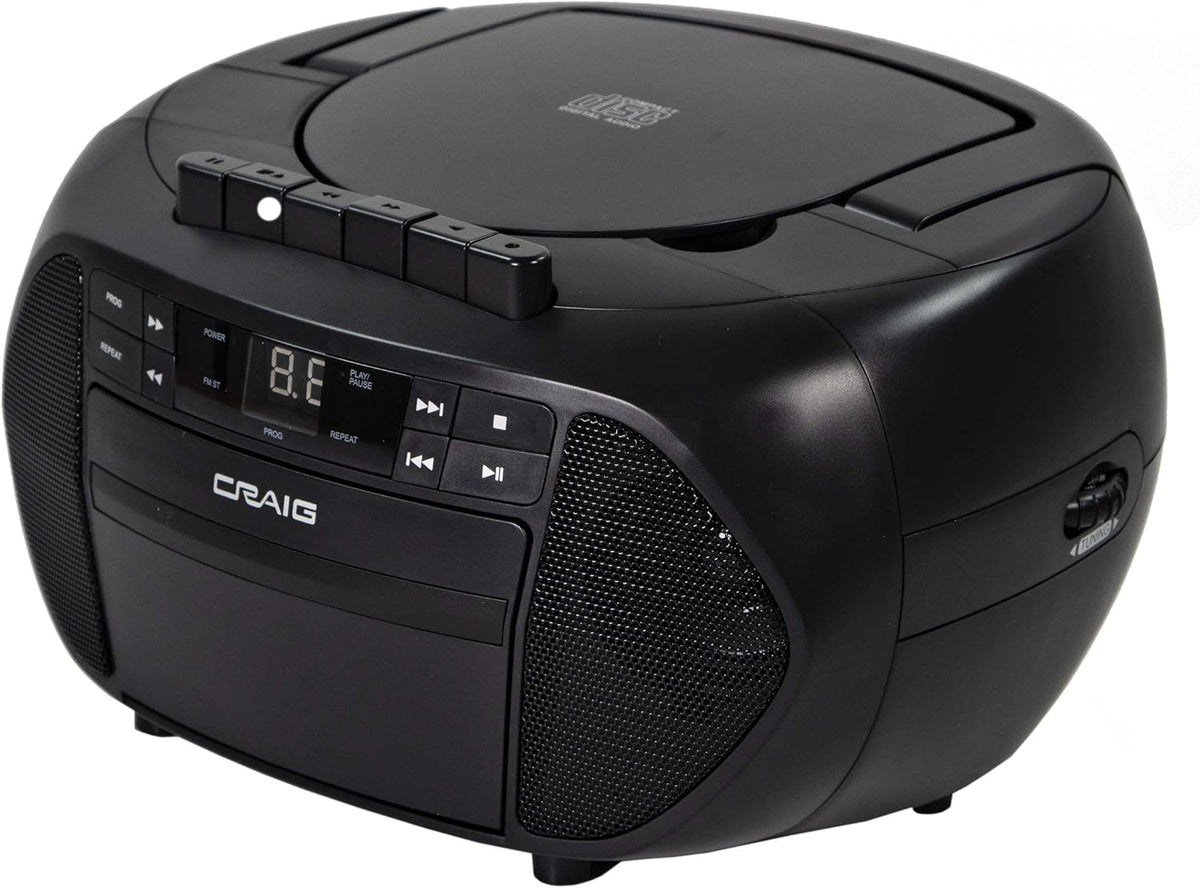 Portable Top-Loading CD Boombox with AM/FM Stereo Radio and Cassette Player/Recorder in Black, Pack of 2 M482377