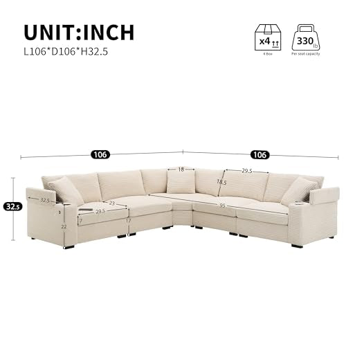 Beige Corduroy Sectional Corner Sofa with Cup Holders I677
