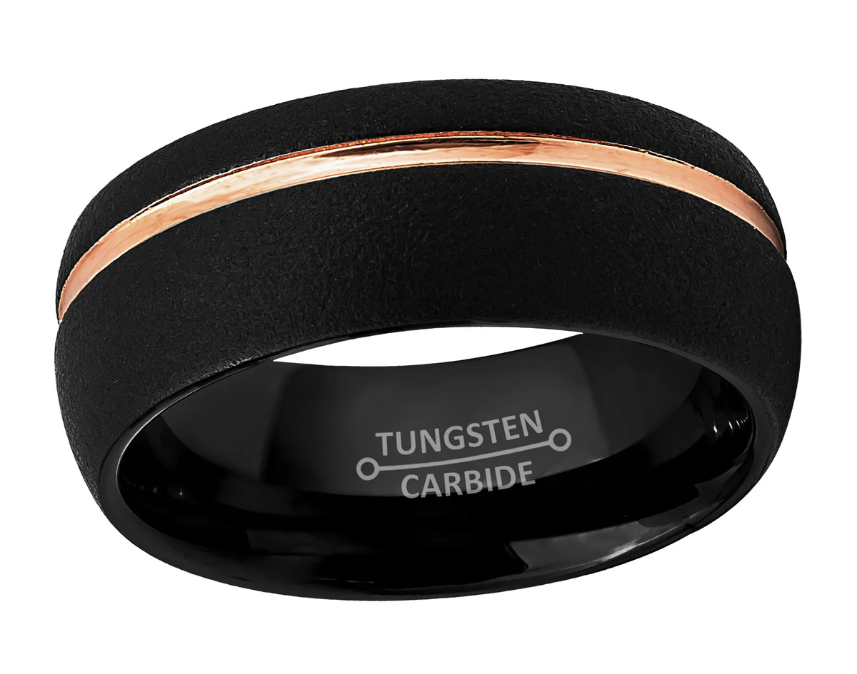 Mens Sandblasted Tungsten Carbide Wedding Band with Rose Gold Grooved Trim G913