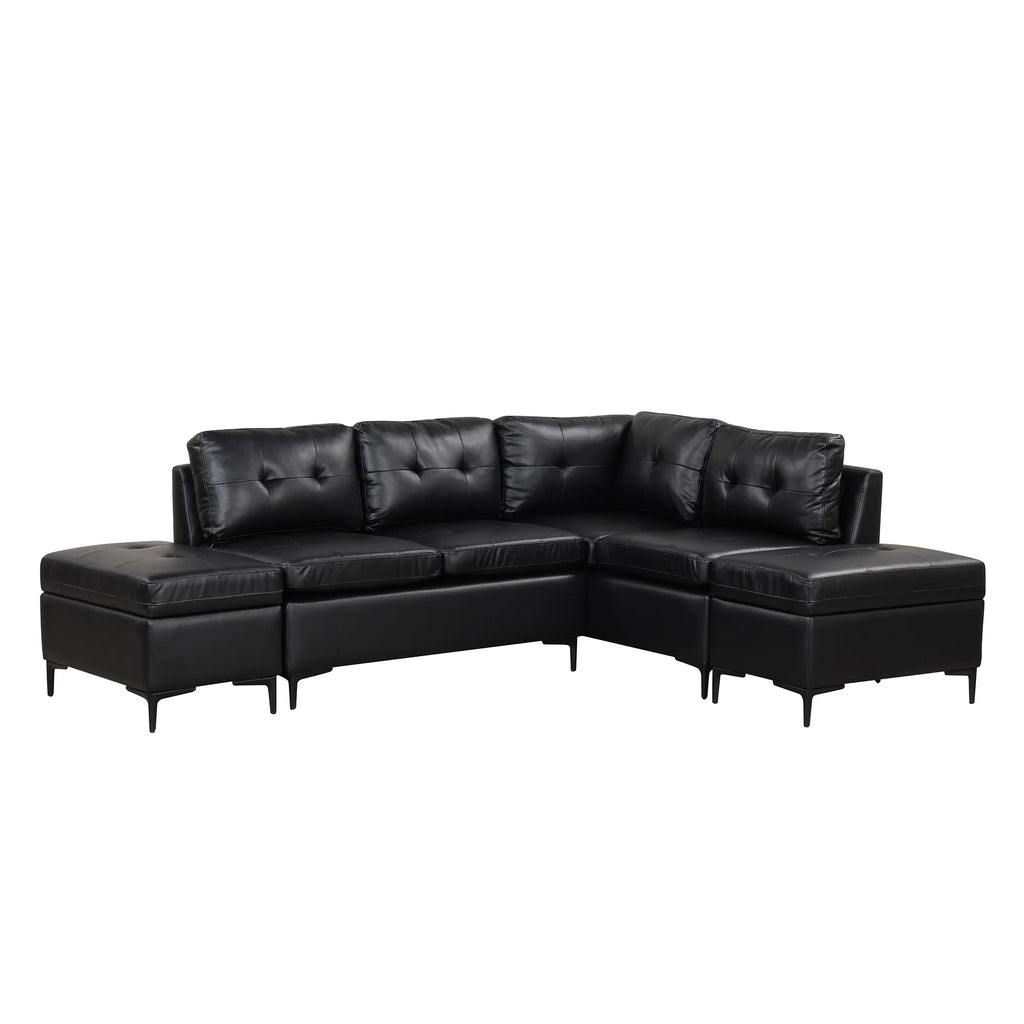 Black PU Leather L-Shaped Corner Sectional Sofa with Movable Storage Ottomans R3152