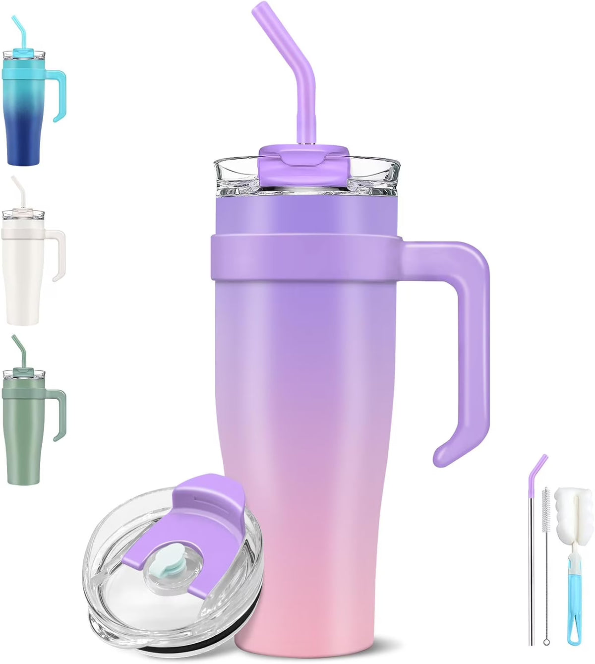 40 oz Stainless Steel Double Wall Vacuum Insulated Tumbler with Handle and Flip Straw Lid X562