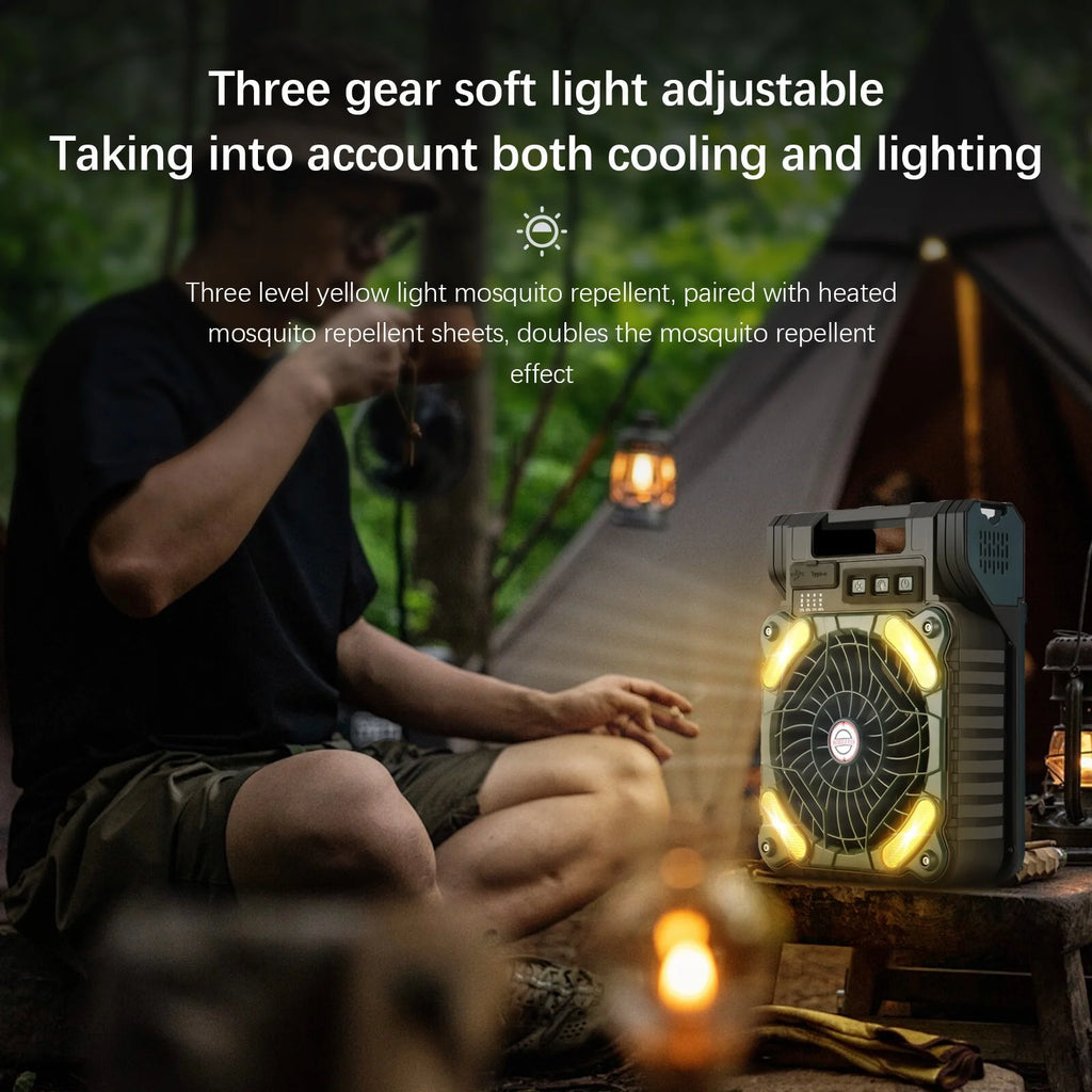 Solar Camping Fan with Solar Panel, LED Light, 4 Speeds, 10000mAh O7353
