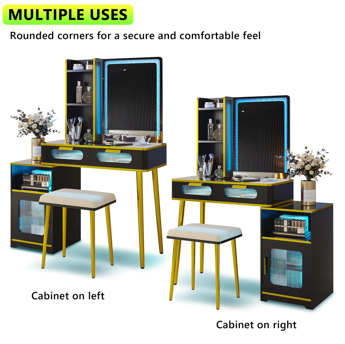 Black Vanity Desk with Mirror and Lights, 2 Drawers, Vanity Stool D10092